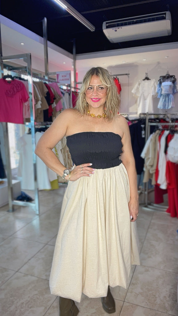 ÁGATA NUDE & BLACK BUBBLE MIDI DRESS – D Boutique