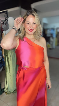 OMBRE SATIN KNOT ONE SHOULDER TOP