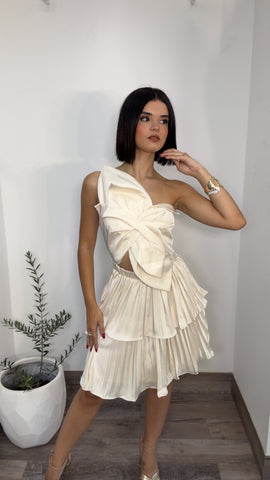 Ivory Sculptural Bow Pleated Dress