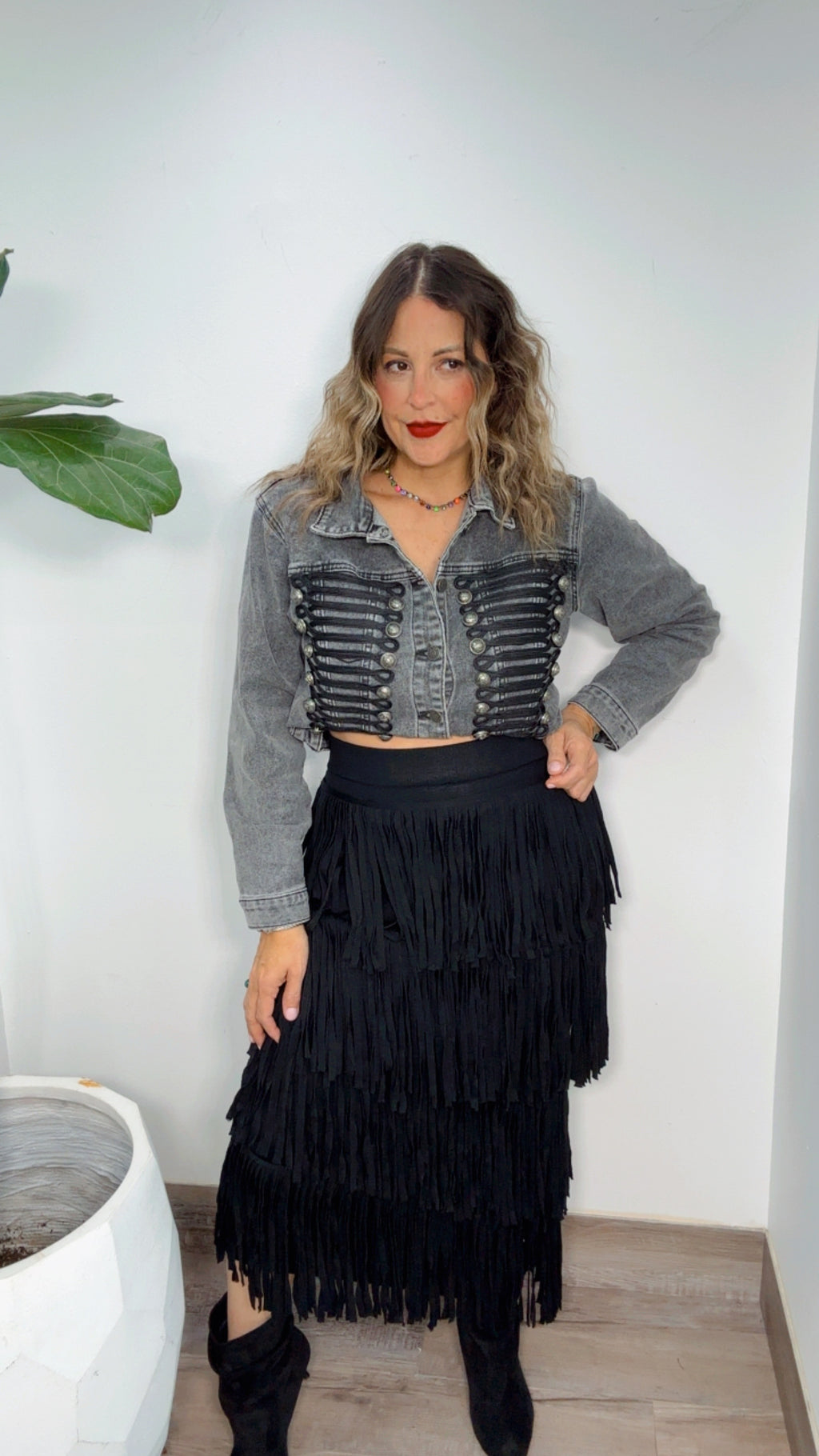 Black Wash Denim Napoleon Cropped Jacket