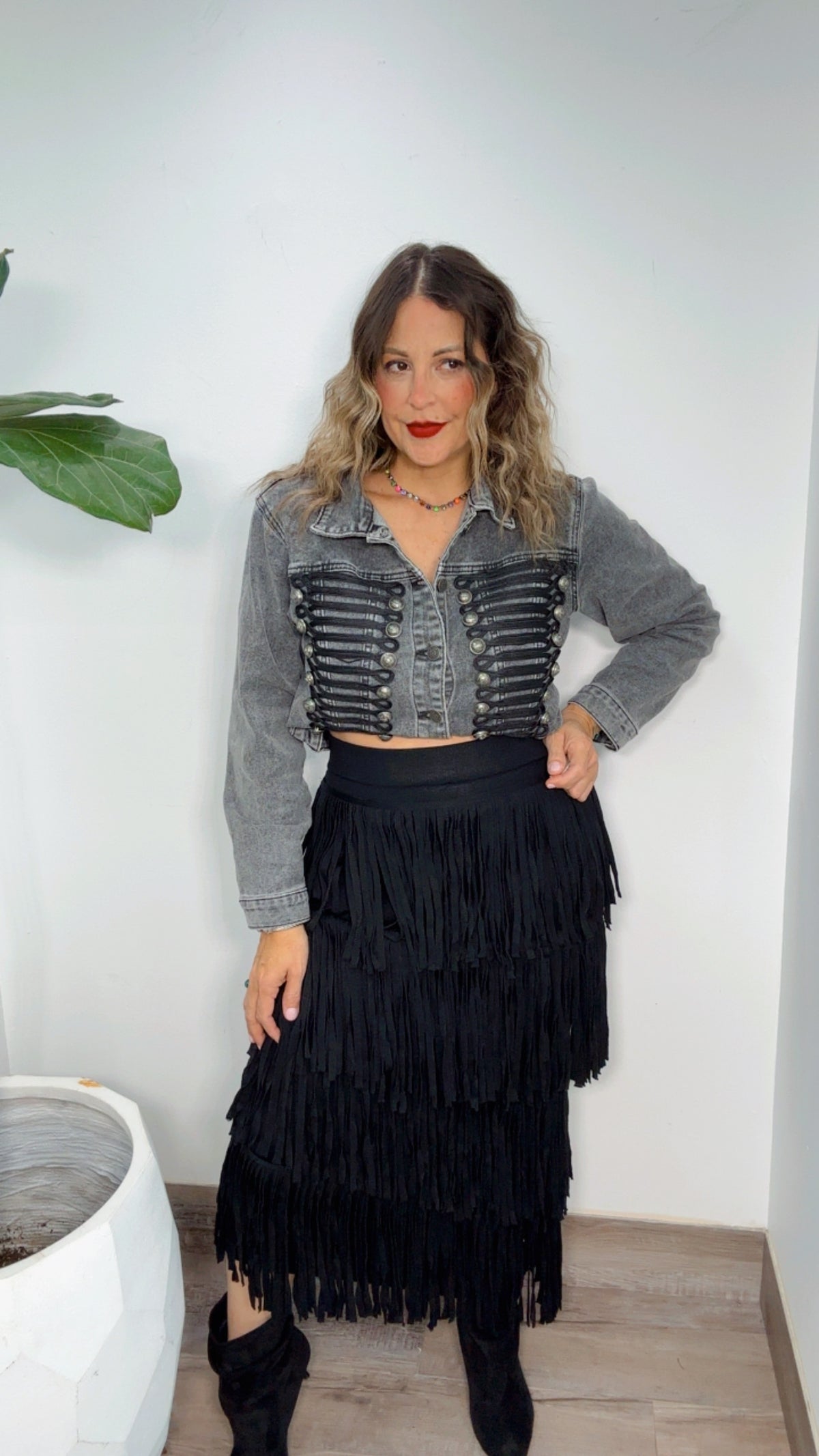 Black Wash Denim Napoleon Cropped Jacket