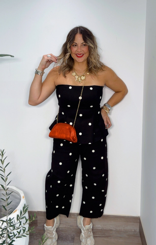 Black Polka Dot Strapless Peplum Pants Set