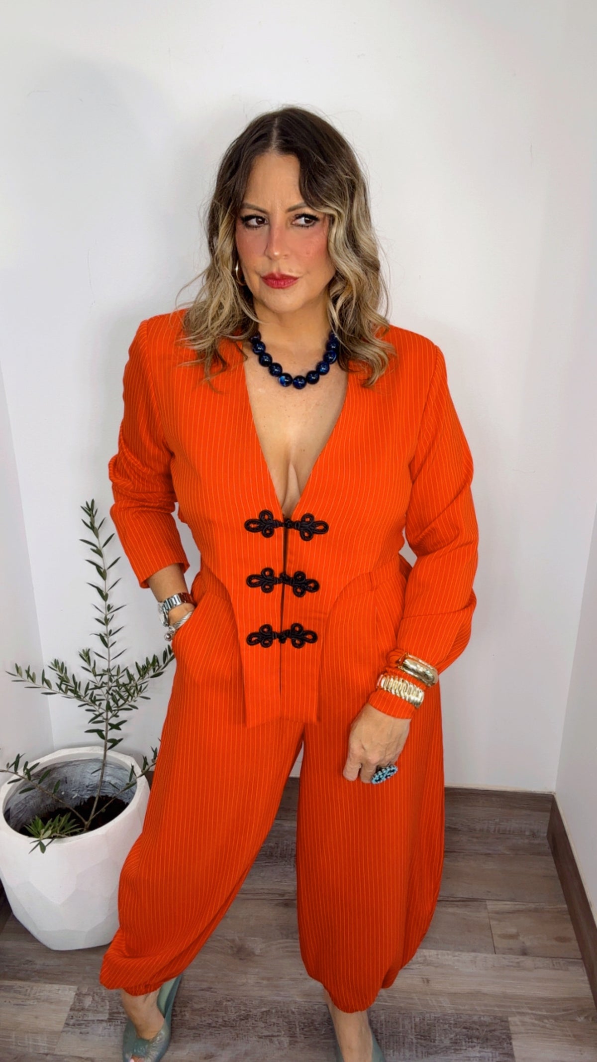 Red Orange Pinstripe Frog Closure Pant Set