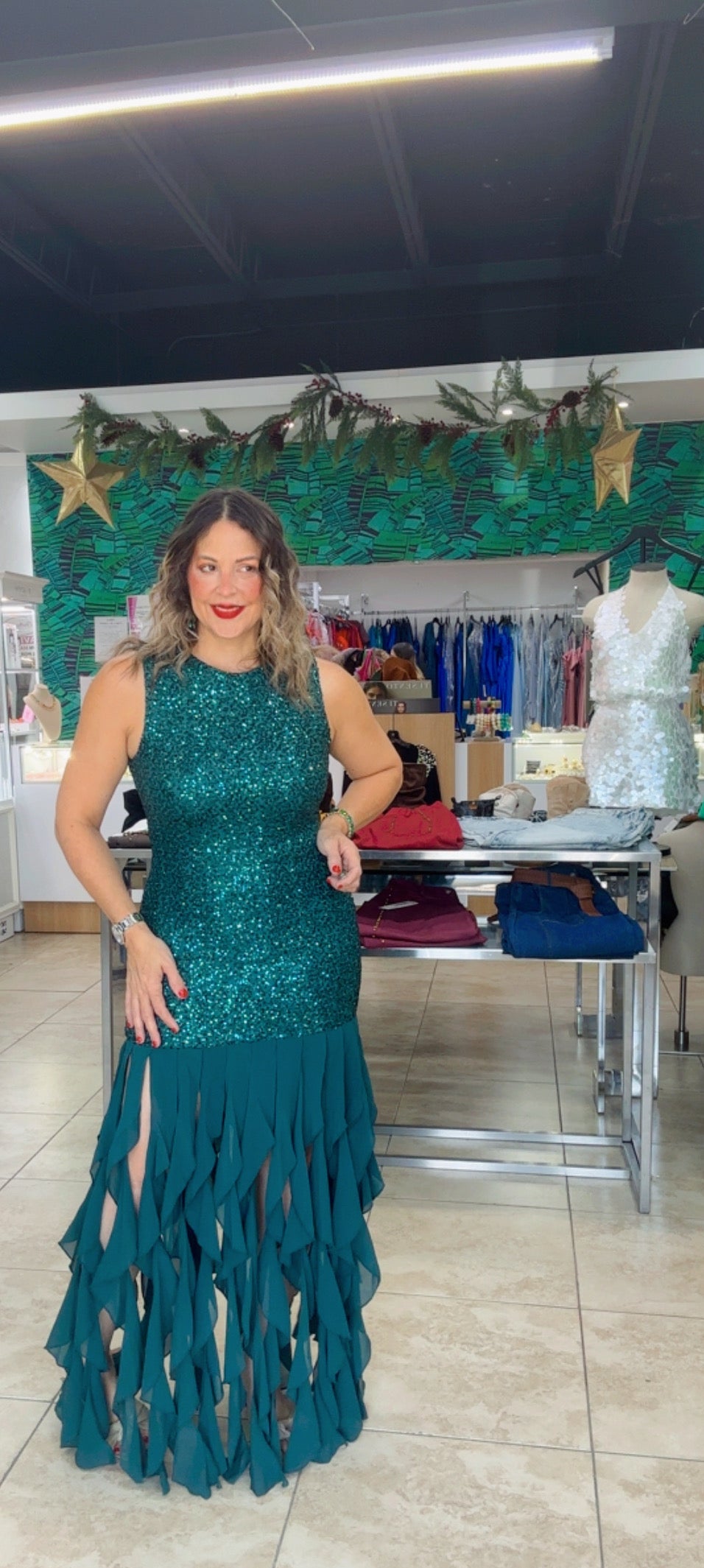 Emerald Cascade Sequin Gown