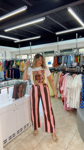 Pink Brown Stripe Wide Leg Pants