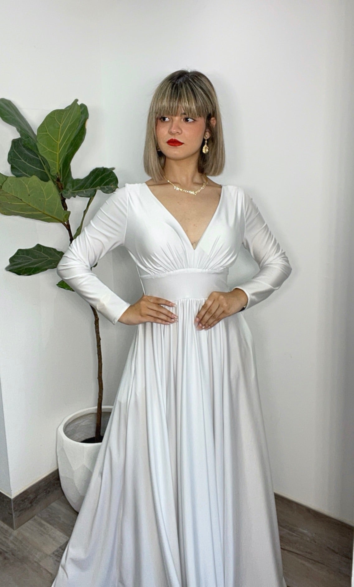 White Long Sleeve Formal Dress