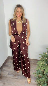 Wine & Cream  Polka Dots Satin Pants