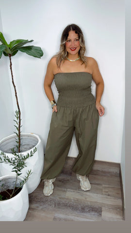 Olive Escape Smocked Jumpsuit