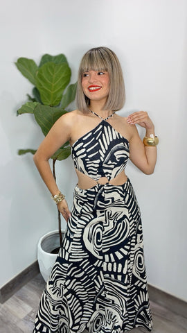 Boho Black Print Cut-Out Maxi-Dress