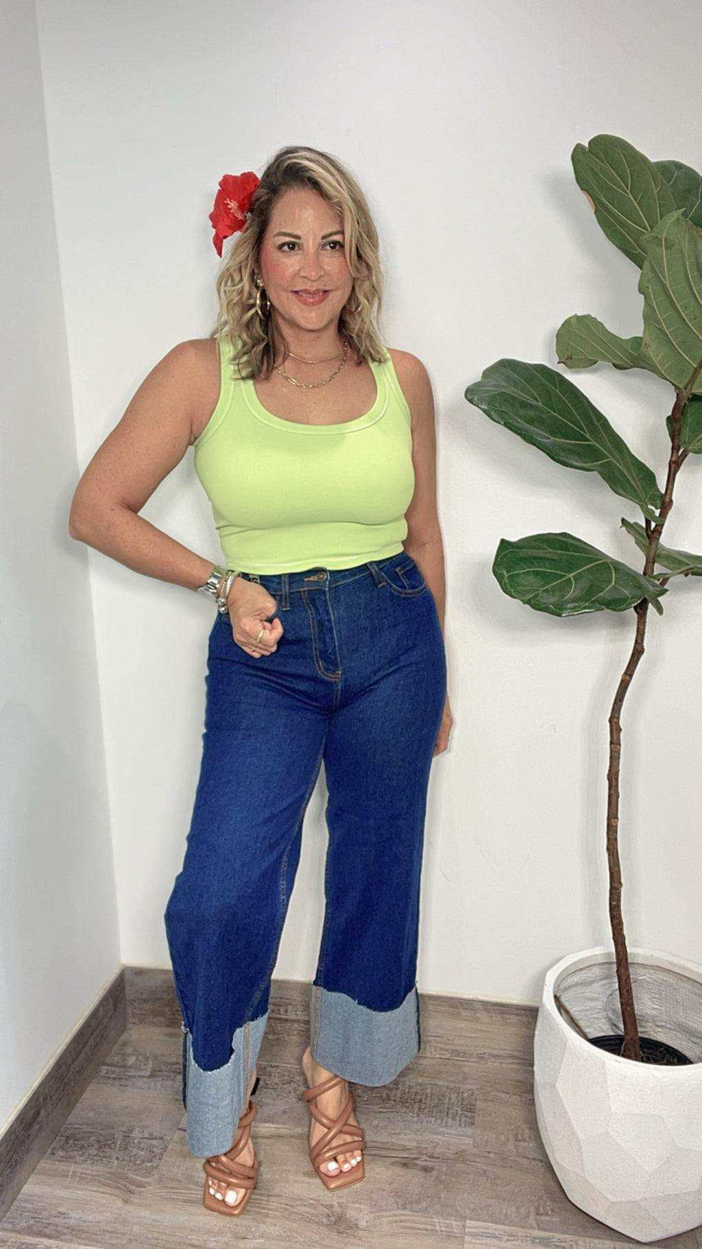 Indigo Cuff Up Wide  Leg Jean
