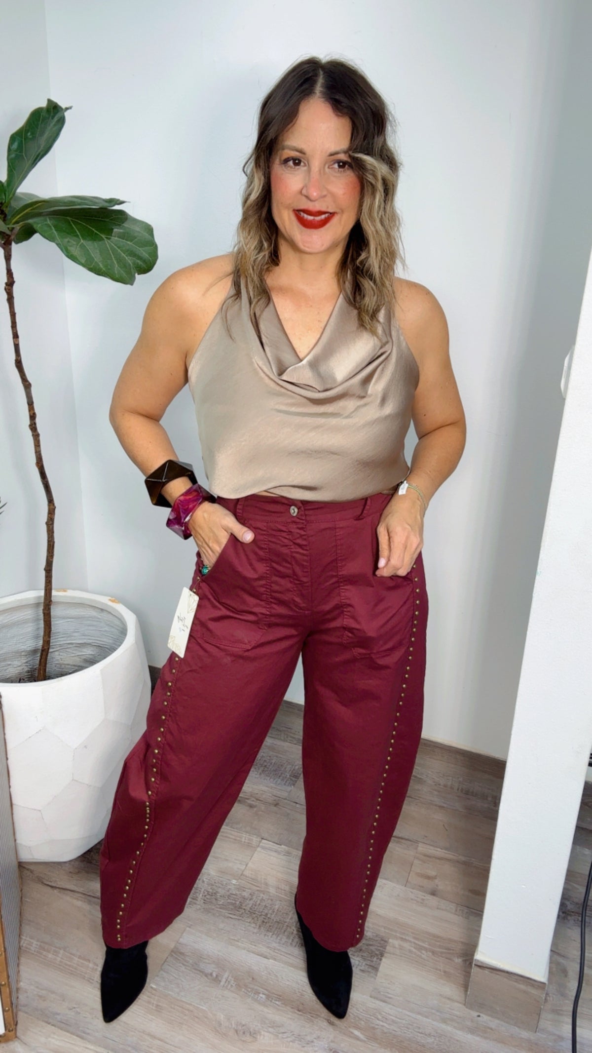 Champagne Satin Cowl Neck Top