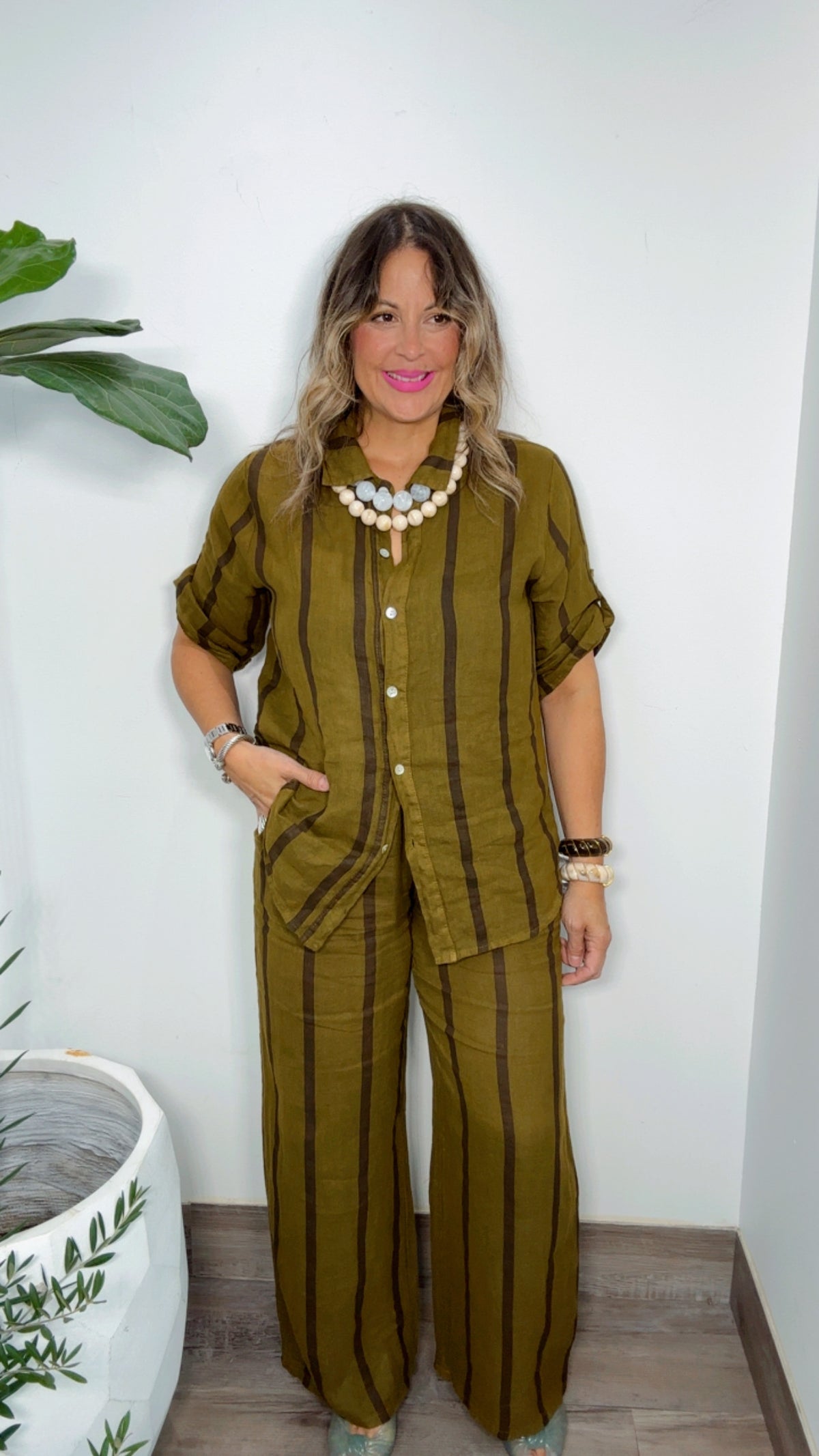 Olive Stripe Linen Set