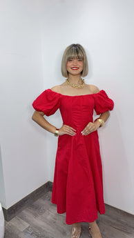 Red Off Shoulder Midi Linen Dress