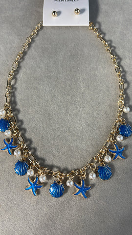 Blue & Pearl Charms Necklace