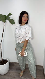 Polka Dots Barrel Jeans (Sage Green)