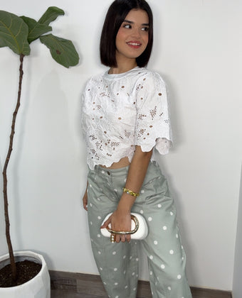 Polka Dots Barrel Jeans (Sage Green)