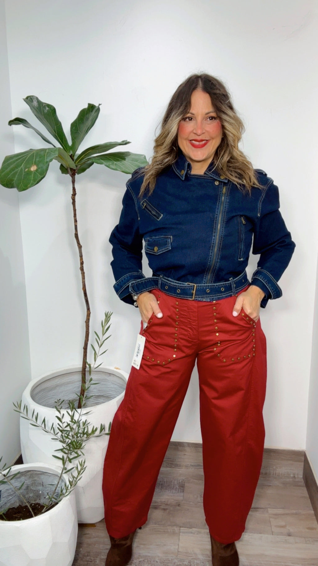 Burgundy Italy Dots Barrel Pants