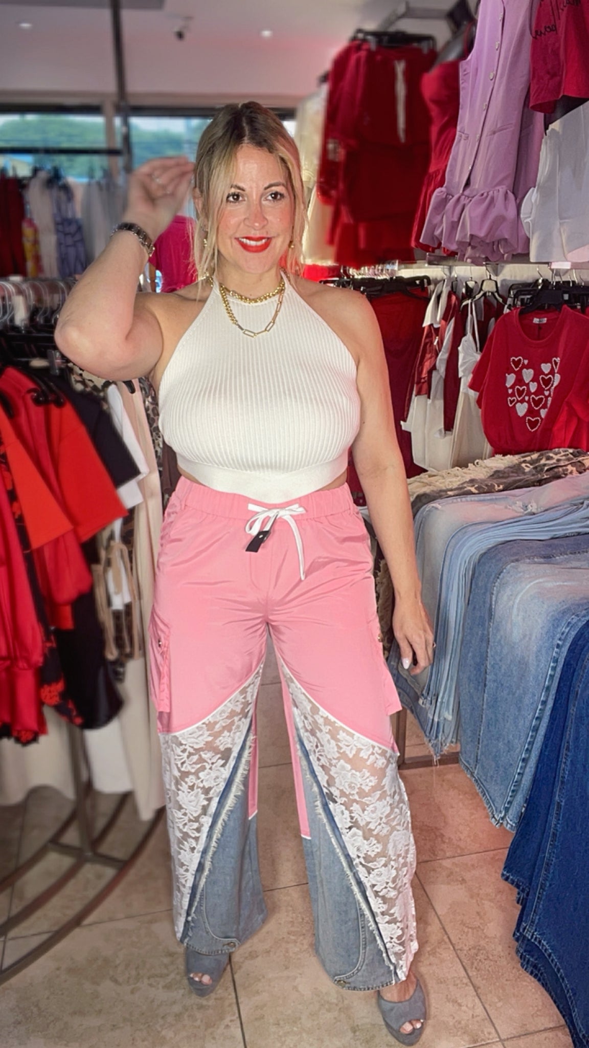 DENIM & LACE PINK PANT