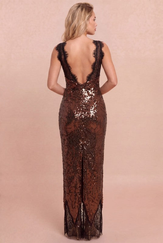 Chocolate Sequin Lace Maxi Dress
