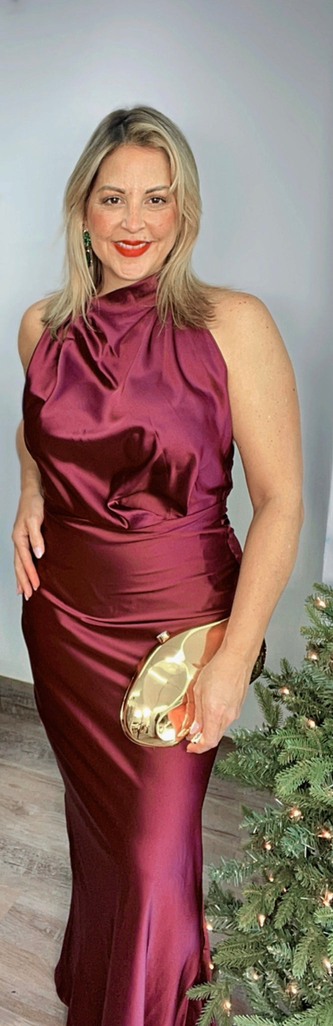 Velvet Wine Satin Halter Maxi Dress