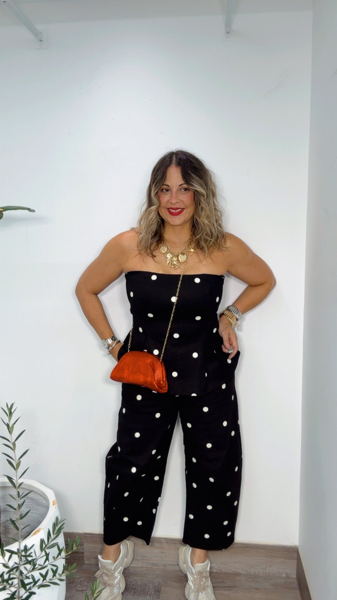 Black Polka Dot Strapless Peplum Pants Set