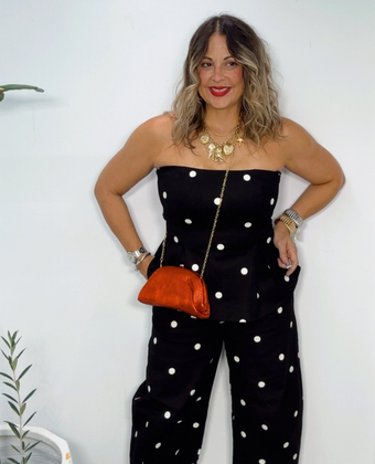 Black Polka Dot Strapless Peplum Pants Set