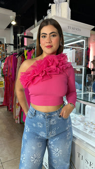 Hot Pink Ruffle One Shoulder Top