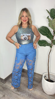 Mar Caribe Denim Crochet Pant
