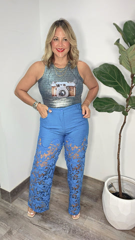 Mar Caribe Denim Crochet Pant