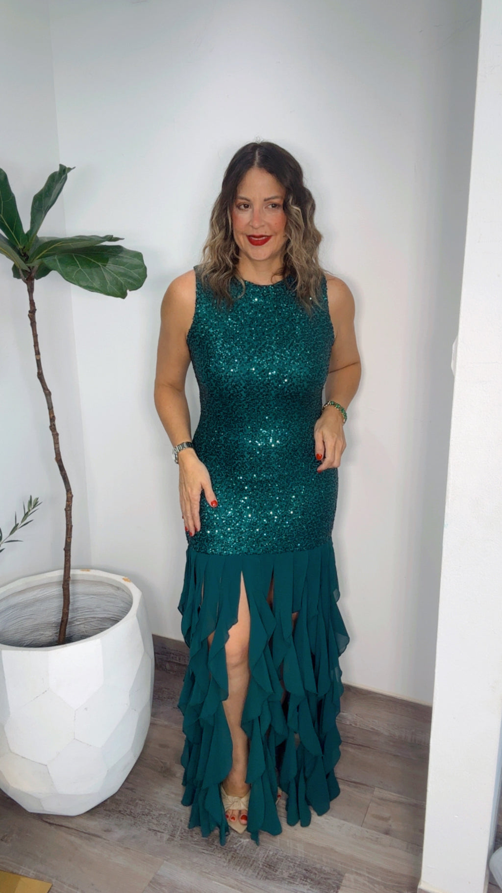 Emerald Cascade Sequin Gown