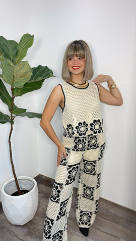 Crochet Black Flowers Nude Top & Pant Set