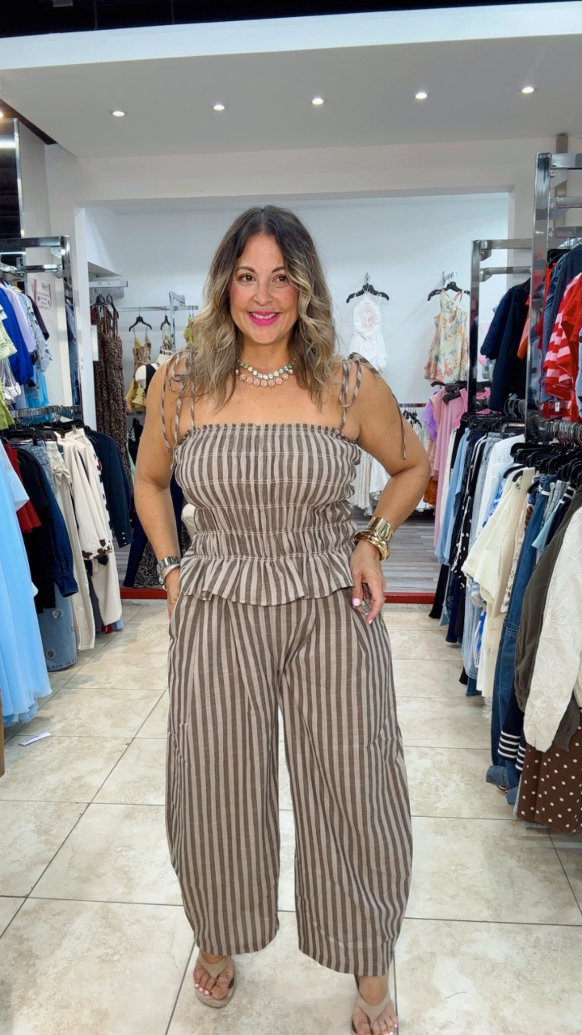 Brown Capri Stripe Jumpsuit