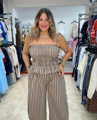 Brown Capri Stripe Jumpsuit