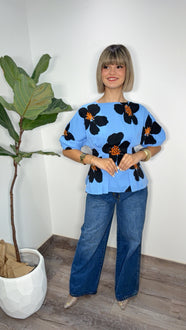 Gracia Blue & Black Flower Blouse
