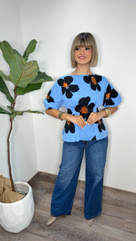 Gracia Blue & Black Flower Blouse