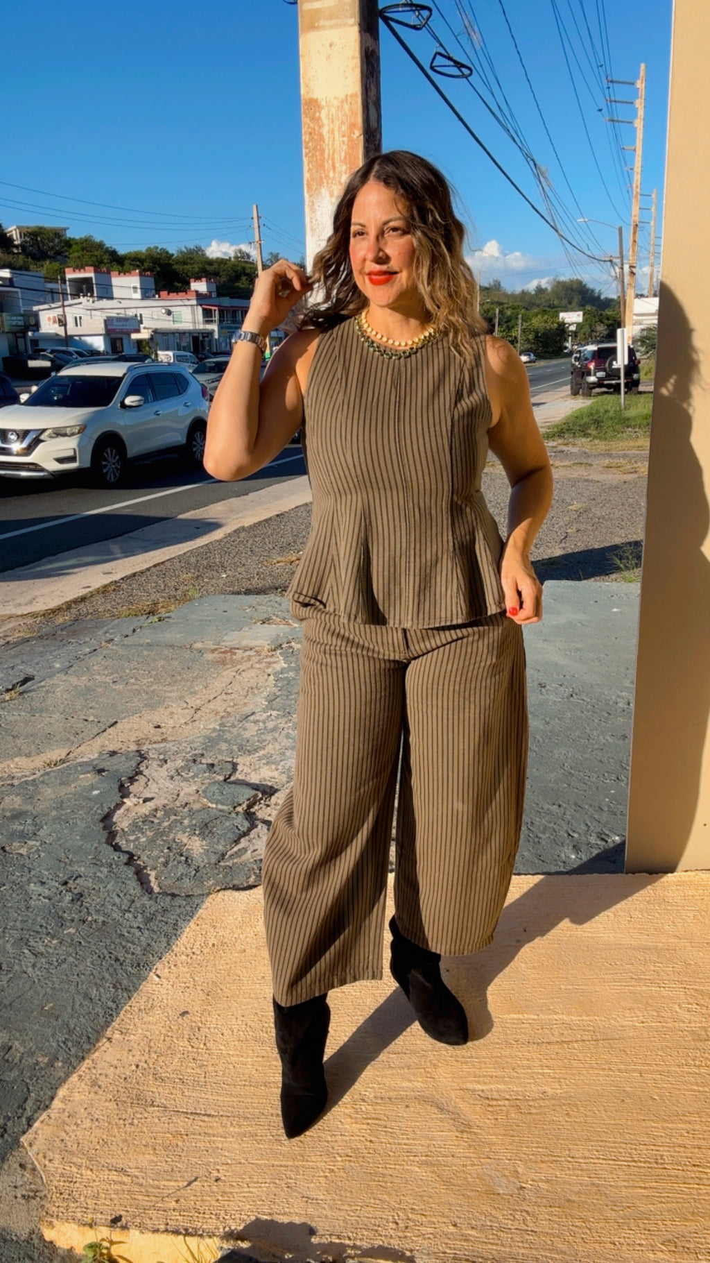 Olive Peplum Stripe Set