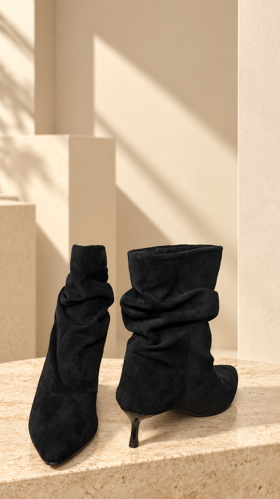 Black Suede Slouch Pointed-Toe Boots