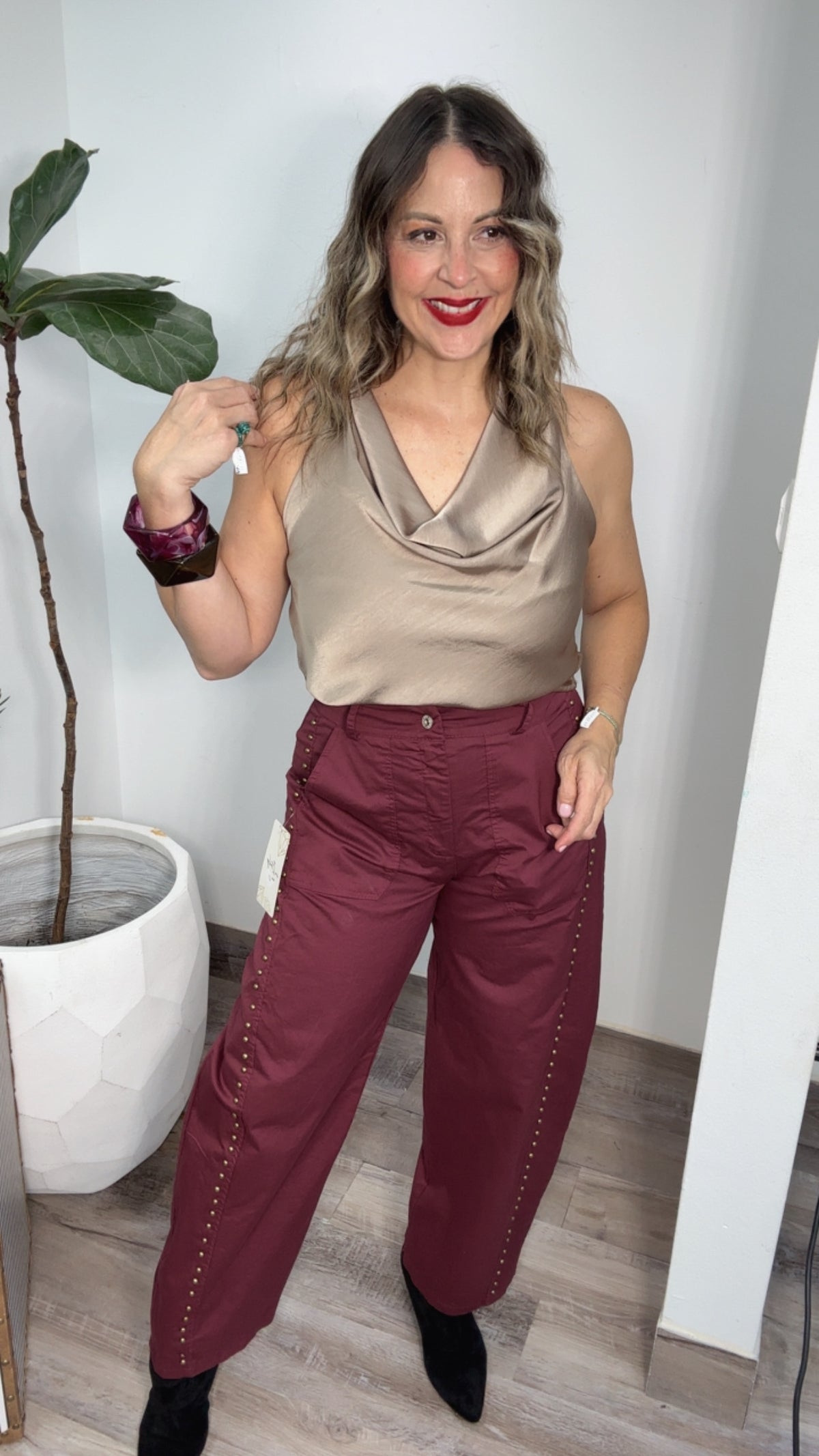 Champagne Satin Cowl Neck Top