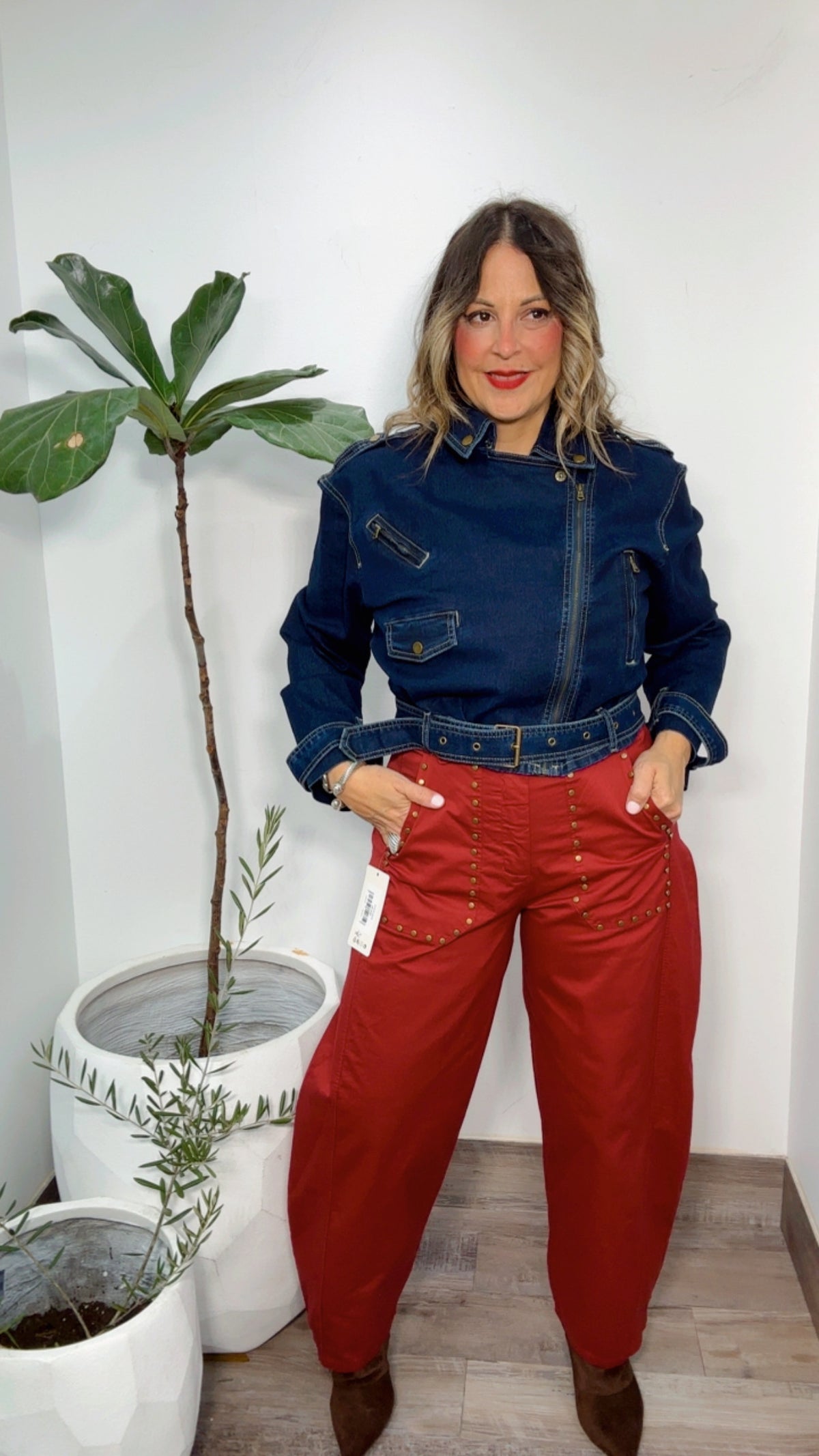 Burgundy Italy Dots Barrel Pants