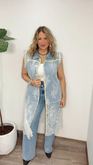 Lace Overlay Denim Vest