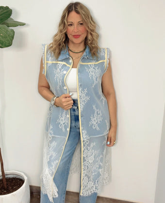 Lace Overlay Denim Vest