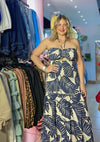Tropical Leaf Navy Taupe Maxi Dress