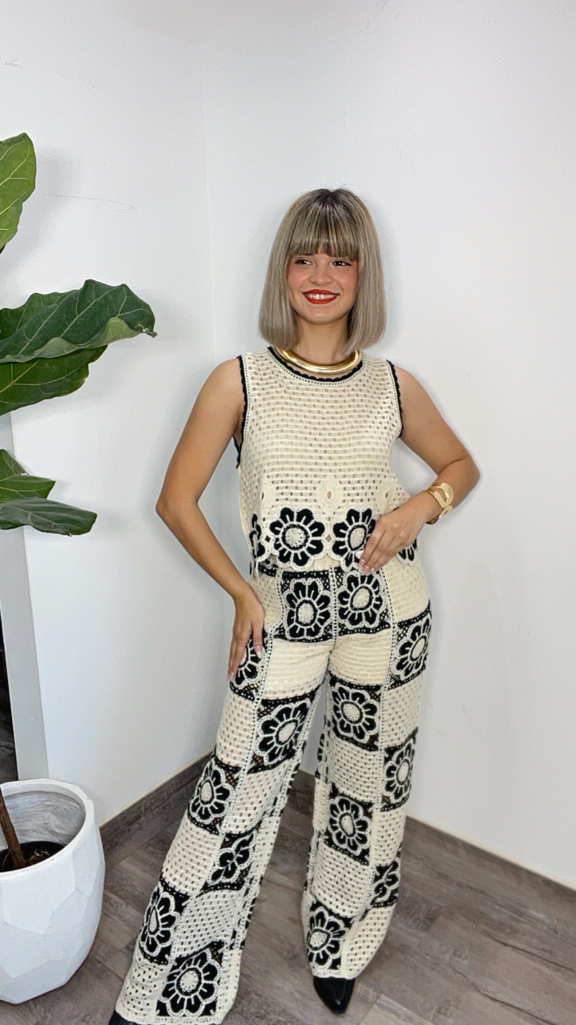 Crochet Black Flowers Nude Top & Pant Set