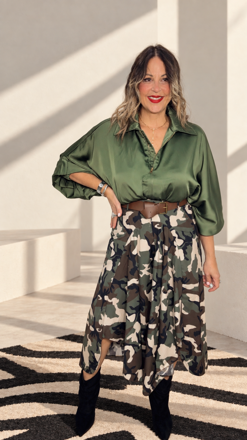 Olive Camouflage Asymmetrical Midi Skirt