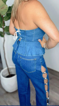 Denim Silver Sphere V Peplum Top