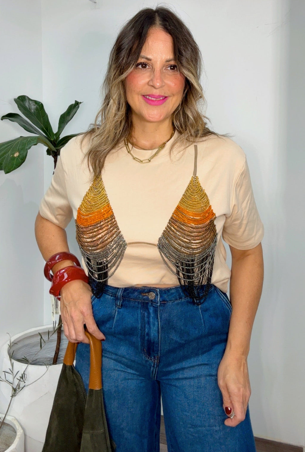 Beaded Bralette Statement Tee