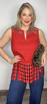 Red Linen Circle Fringe Top