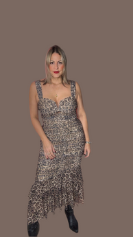 Leopard Ruched Mesh Midi Dress