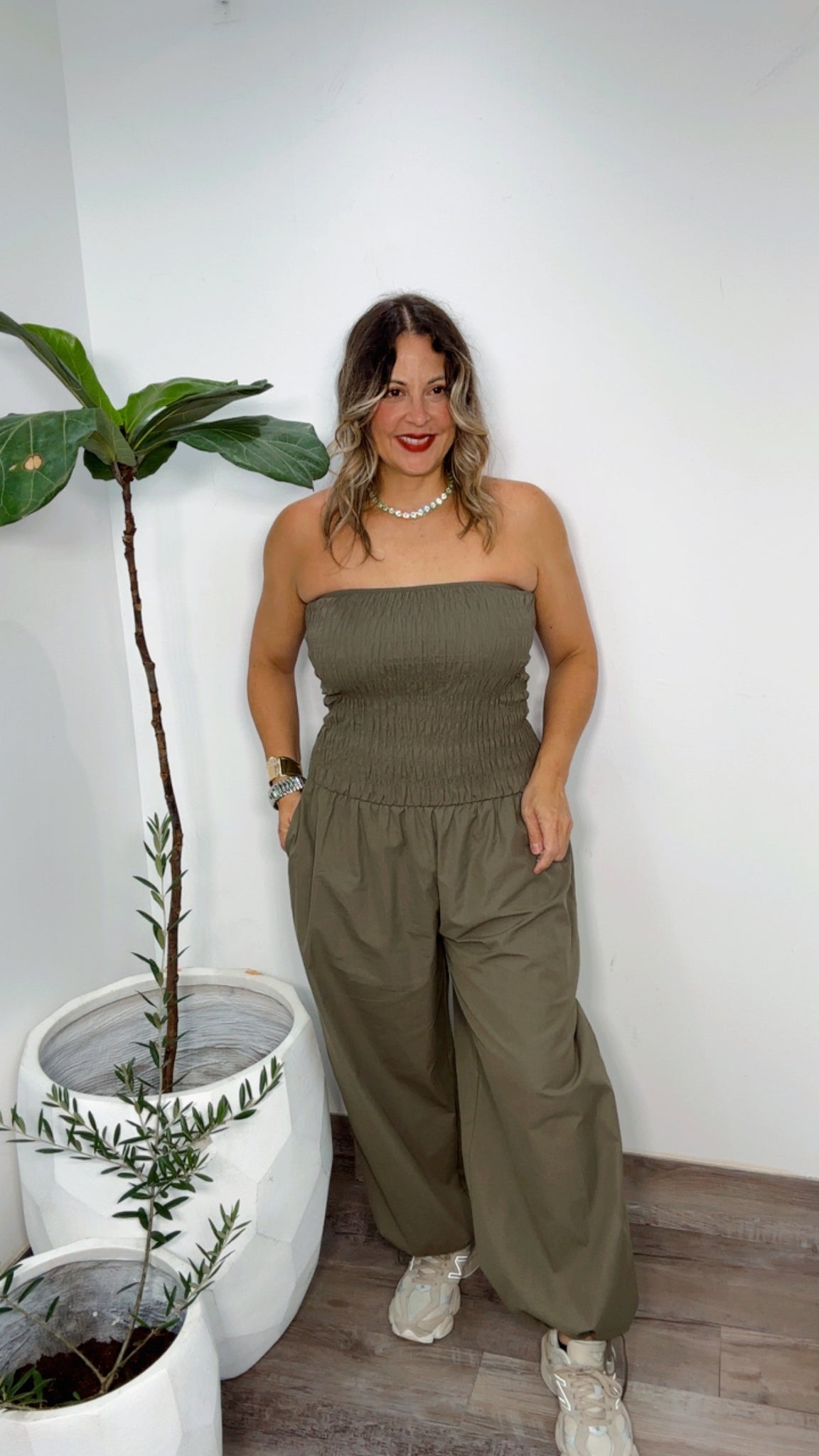 Olive Escape Smocked Jumpsuit