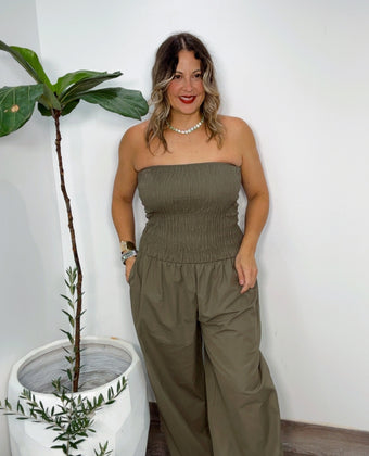Olive Escape Smocked Jumpsuit